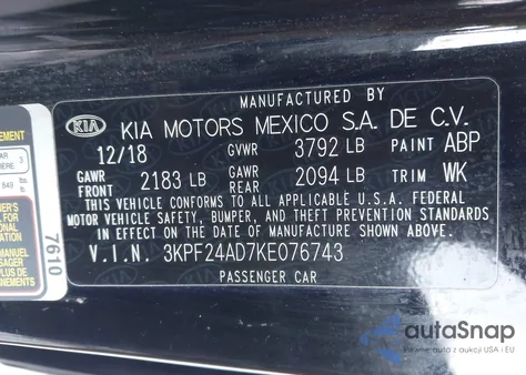 2019 Kia Forte Lxs из США, поврежденный, VIN 3KPF24AD7KE076743